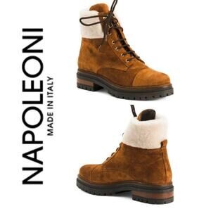 NAPOLEONI Suede Lace Up Ankle Boots With Fur Shearling Trim 10 10.5 41 $445